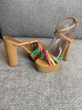 Tar Bay Tan Platform Block Heel Sandals with Multicolor Straps Tar Bay